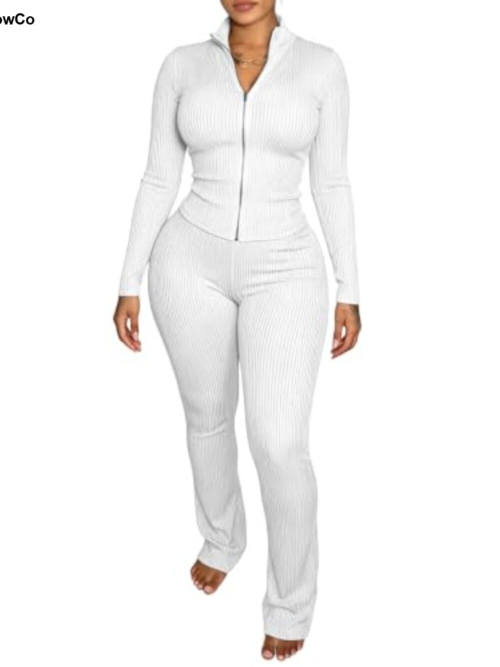 Ribbed Knit 2 Piece Workout Set Zip Up Top Flare Pants Tracksuit Slim Fit